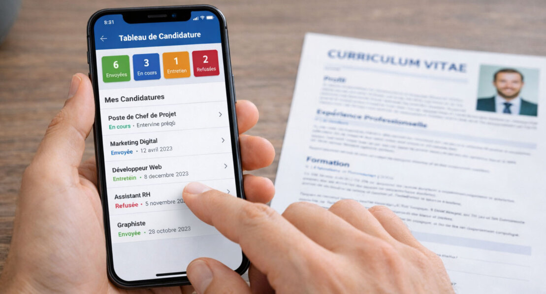 Tableau de bord candidat affichant candidatures, messages, notifications et étapes de recrutement
