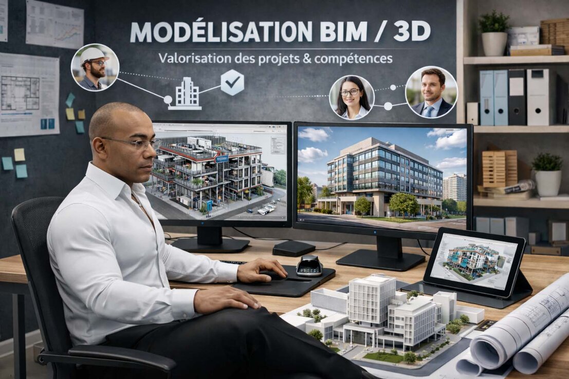 Modèle 3D BIM affiché sur écran.