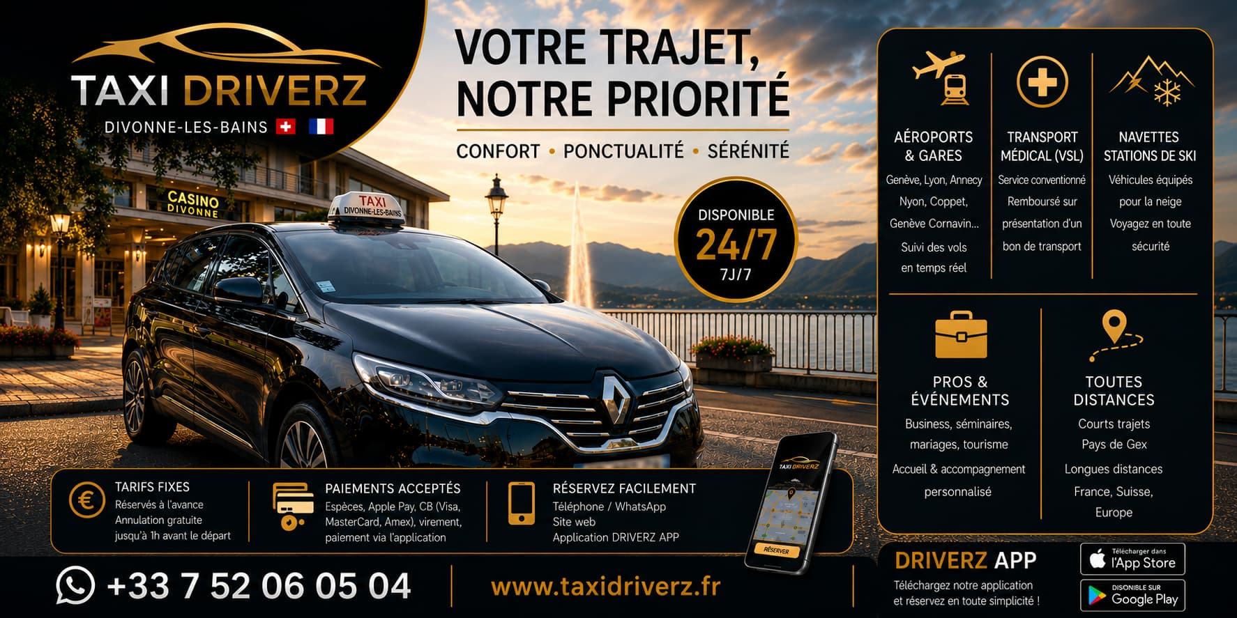 Transport premium 24h/24 • 7j/7 à Divonne-les-Bains et dans tout le Pays de Gex