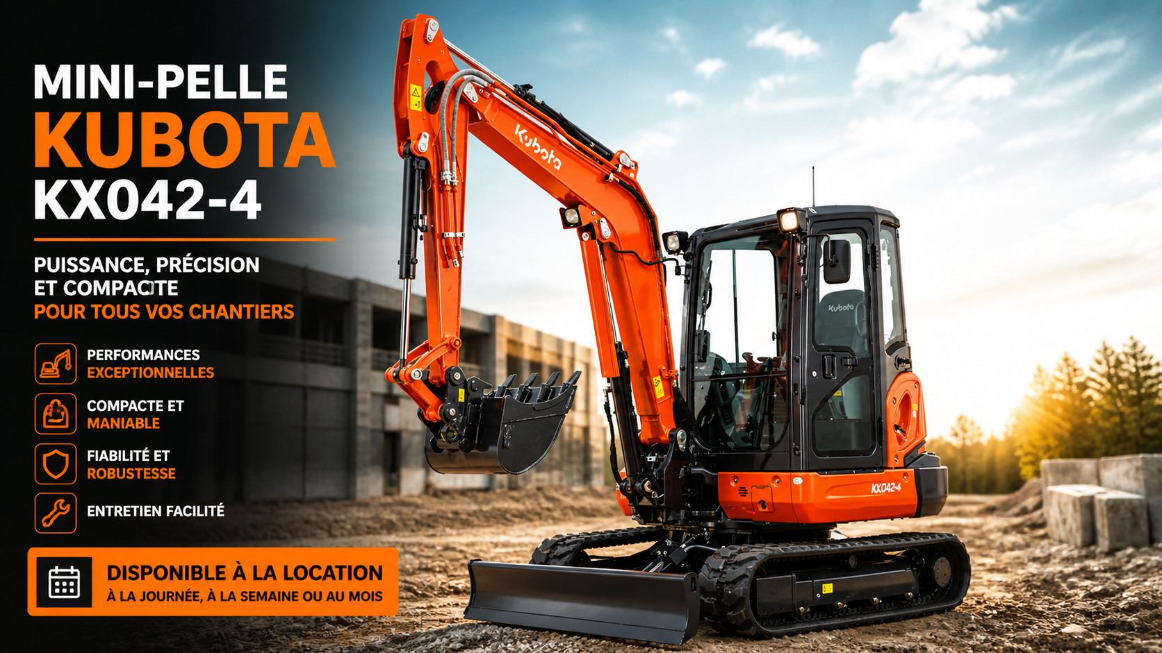 Mini-pelle KUBOTA KX042-4 – Puissance et précision pour tous vos chantiers